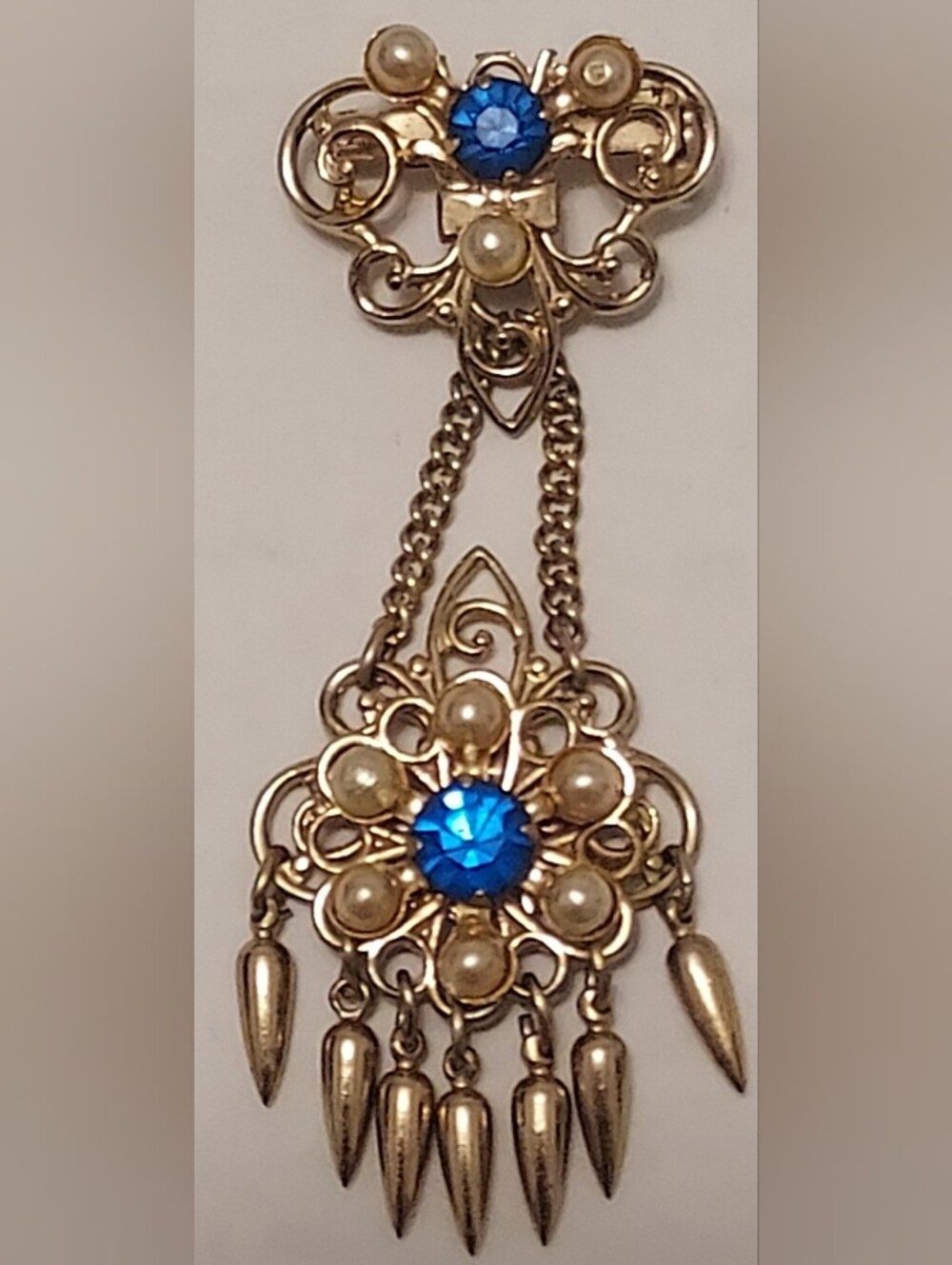 Vintage Goldtone Filigree Chatelaine Brooch Blue Rhinestones Faux Pearls 2.5in.